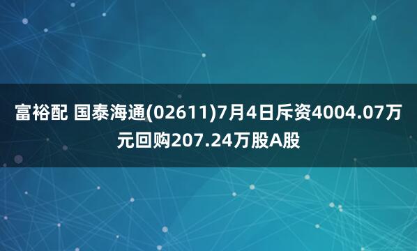 富裕配 国泰海通(02611)7月4日斥资4004.07万元回购207.24万股A股